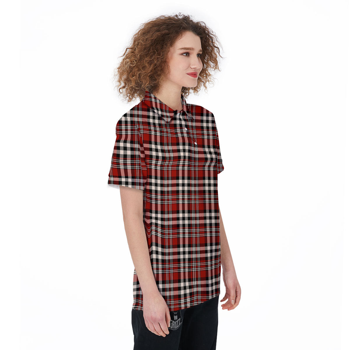 Border Tartan Red Black And White Print Pattern Women's Golf Shirts-grizzshop