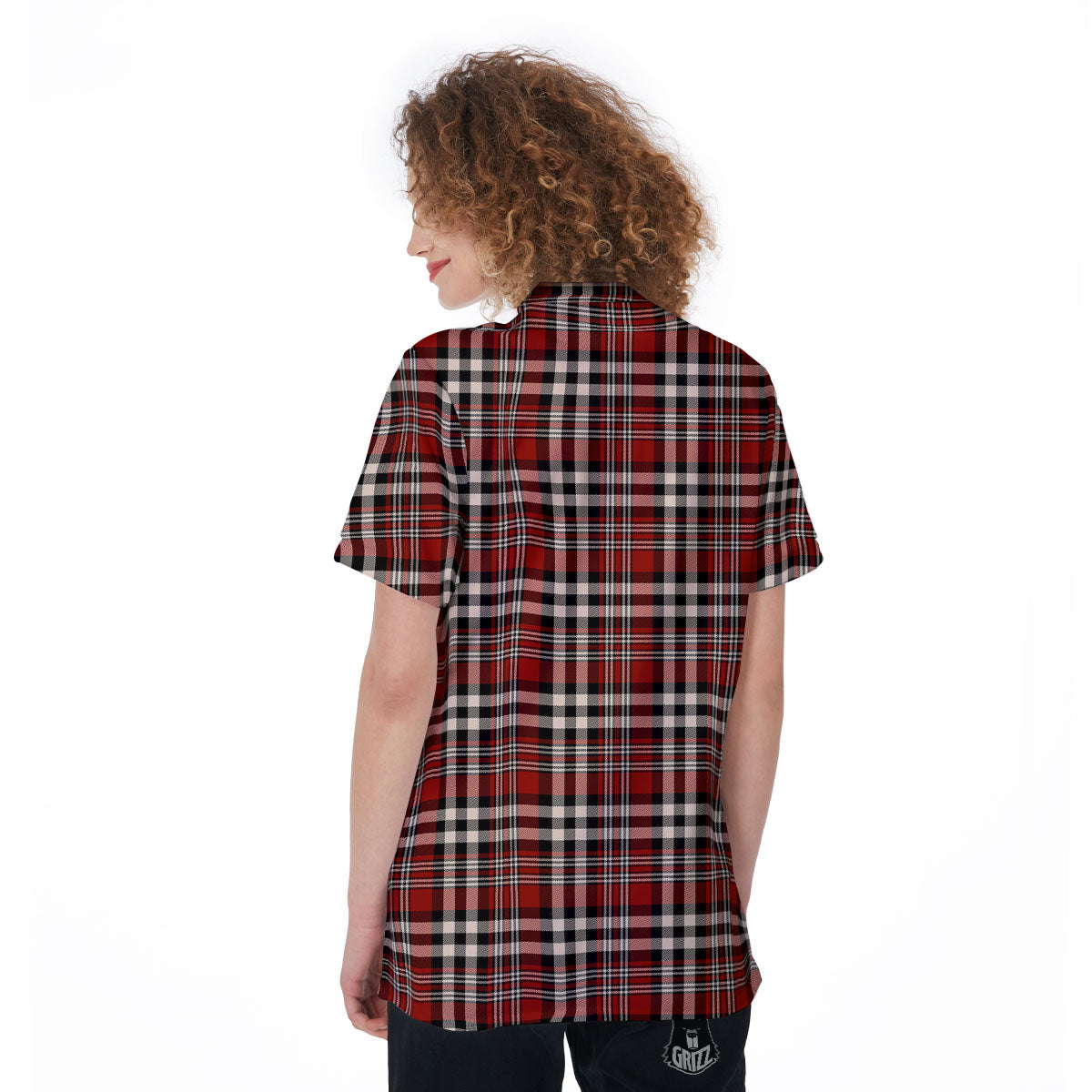 Border Tartan Red Black And White Print Pattern Women's Golf Shirts-grizzshop