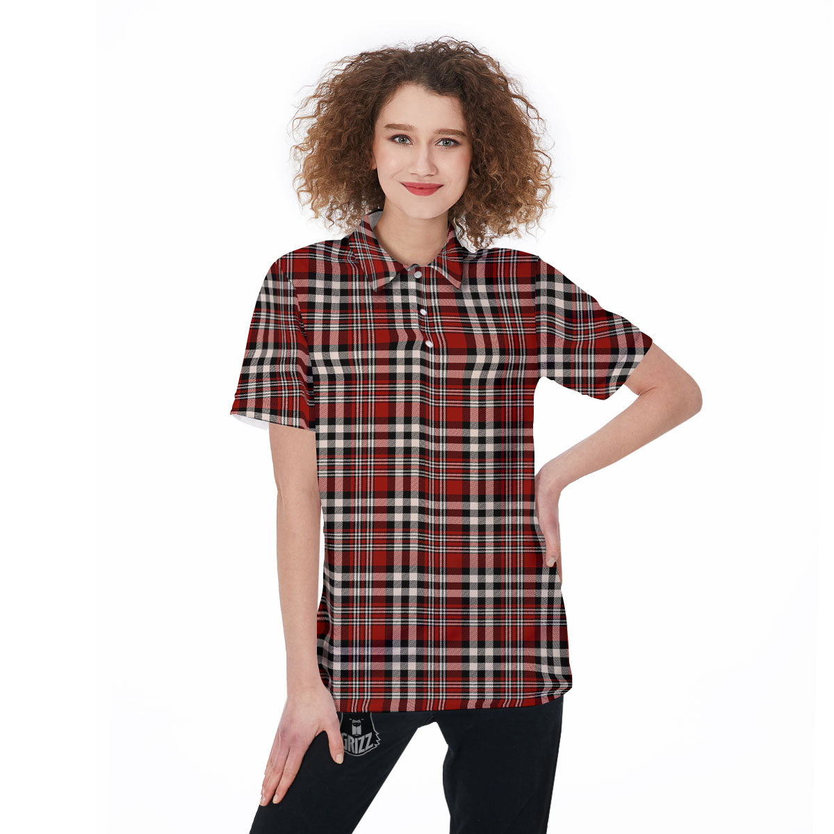 Border Tartan Red Black And White Print Pattern Women's Golf Shirts-grizzshop