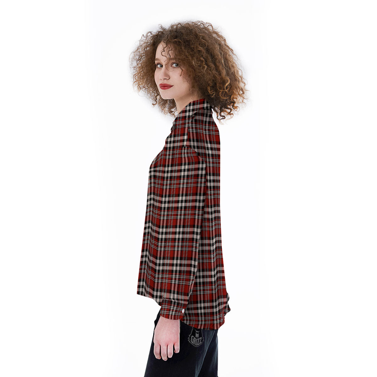 Border Tartan Red Black And White Print Pattern Women's Long Sleeve Shirts-grizzshop