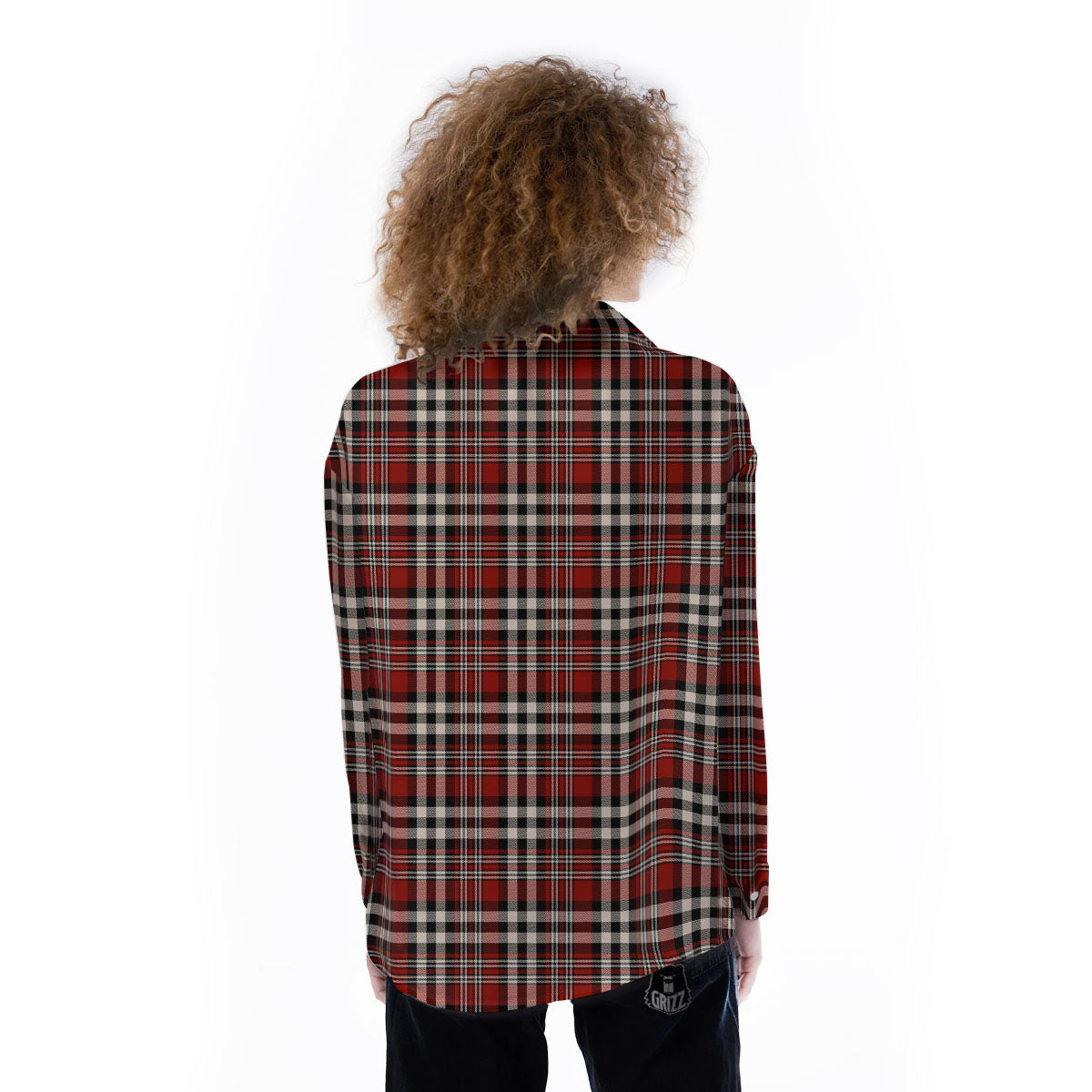 Border Tartan Red Black And White Print Pattern Women's Long Sleeve Shirts-grizzshop