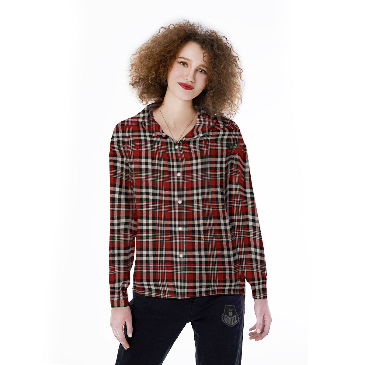 Border Tartan Red Black And White Print Pattern Women's Long Sleeve Shirts-grizzshop