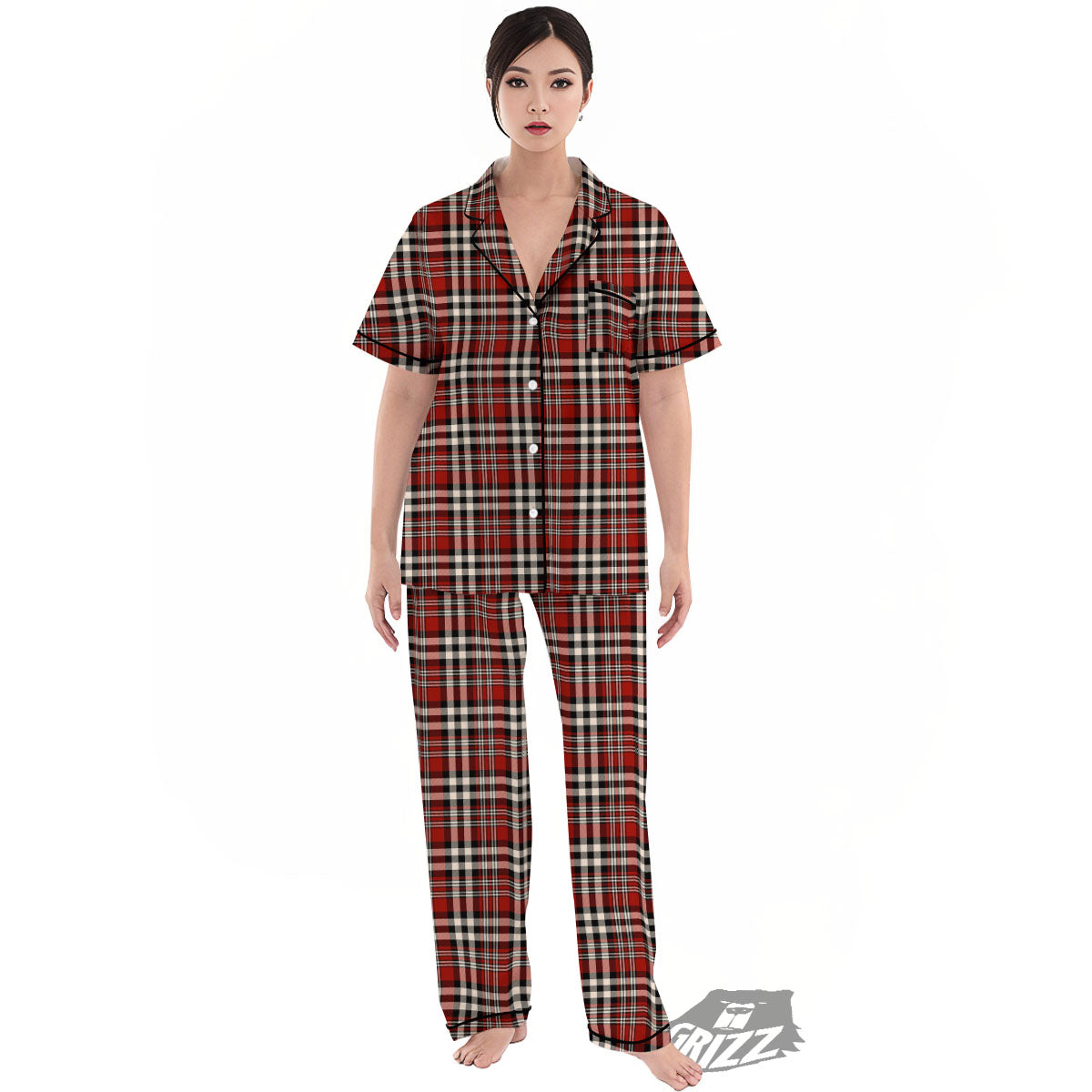 Border Tartan Red Black And White Print Pattern Women's Pajamas Set-grizzshop