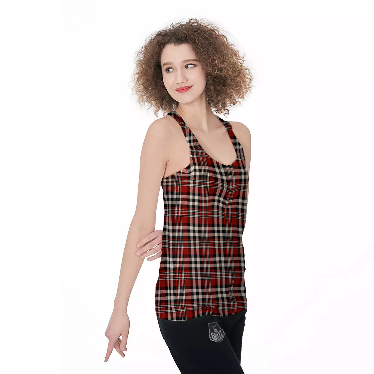 Border Tartan Red Black And White Print Pattern Women's Racerback Tank Top-grizzshop