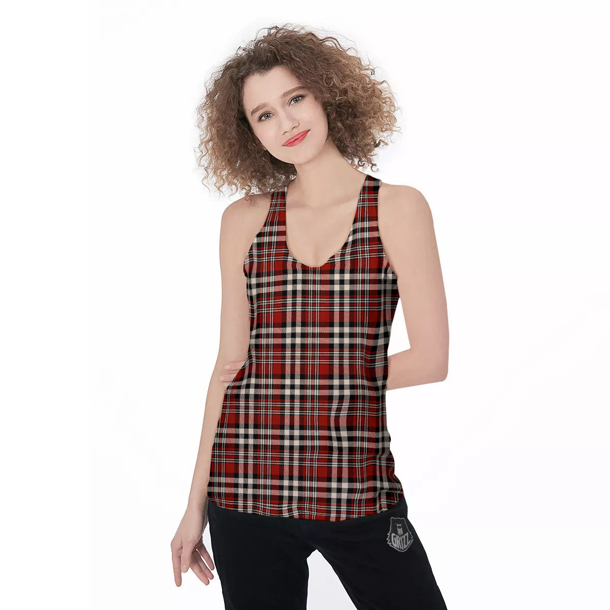 Border Tartan Red Black And White Print Pattern Women's Racerback Tank Top-grizzshop