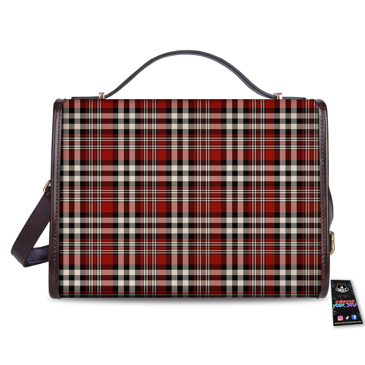 Border Tartan Red Black And White Print Pattern Women's Satchel Bag-grizzshop