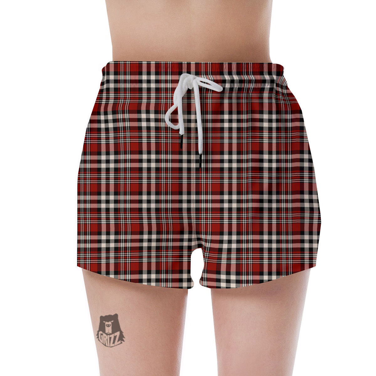 Border Tartan Red Black And White Print Pattern Women's Shorts-grizzshop