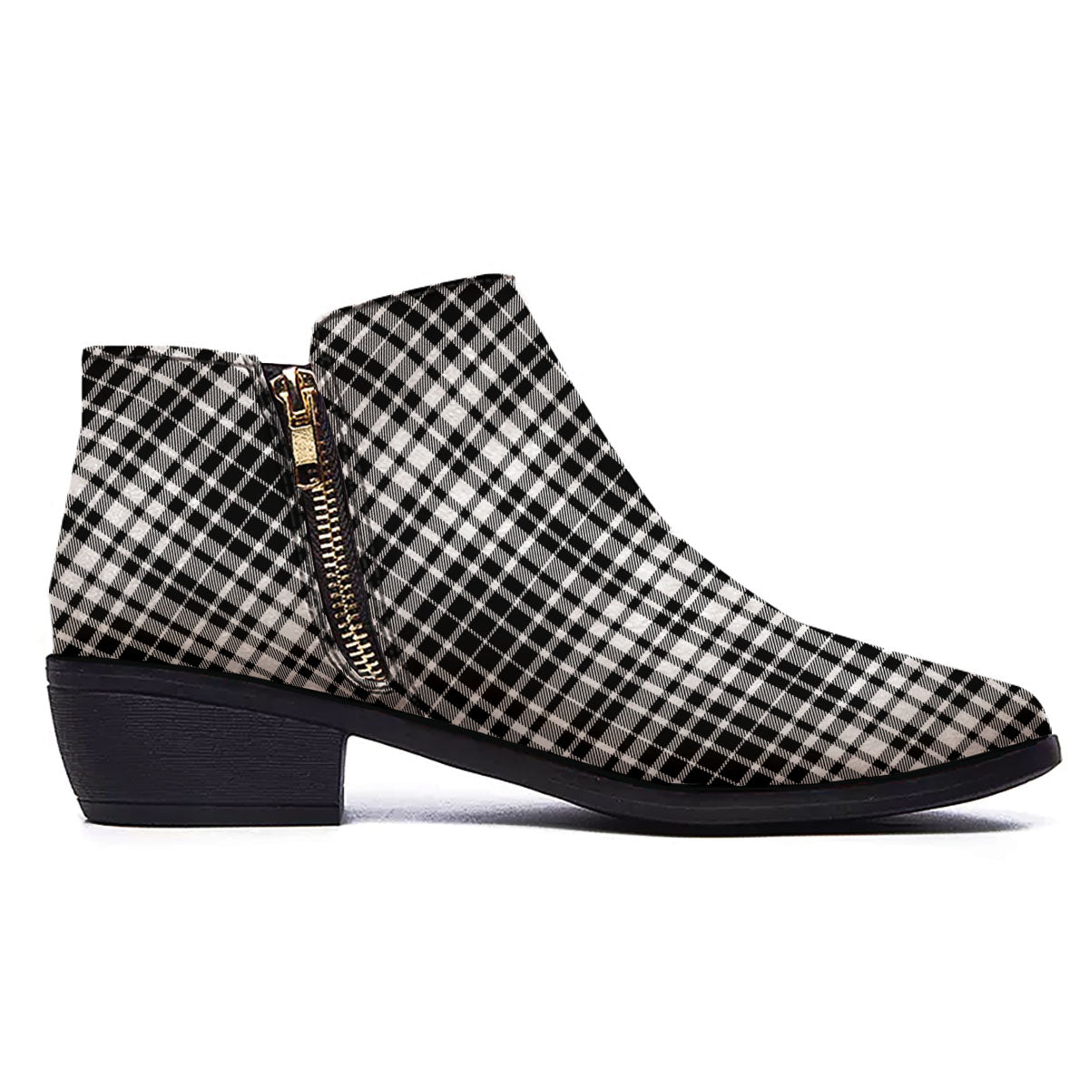 Border Tartan White And Black Print Ankle Boots-grizzshop