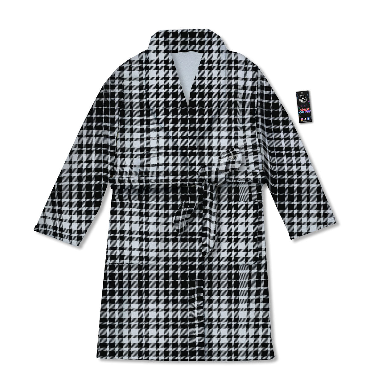 Border Tartan White And Black Print Bathrobe-grizzshop