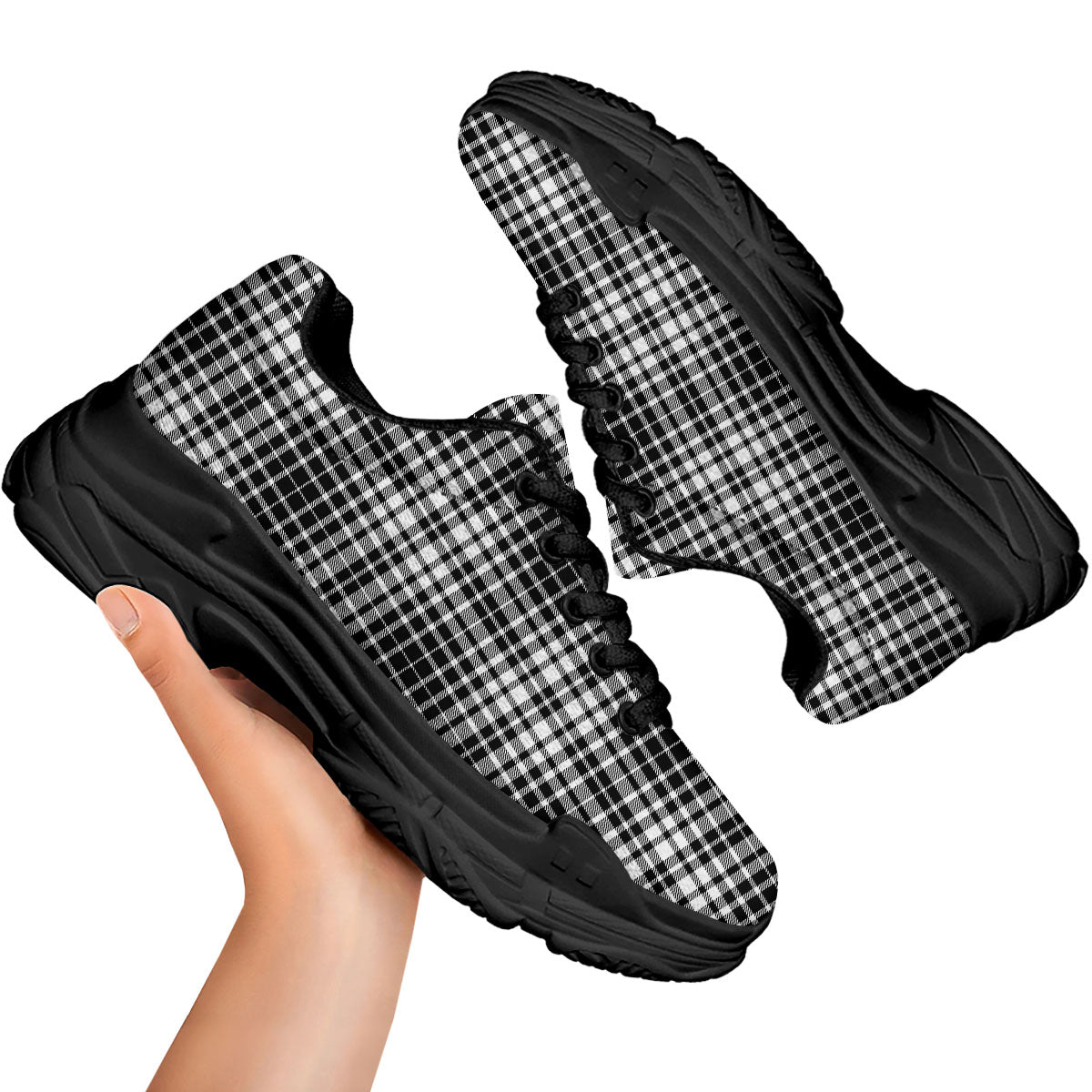 Border Tartan White And Black Print Black Chunky Shoes-grizzshop