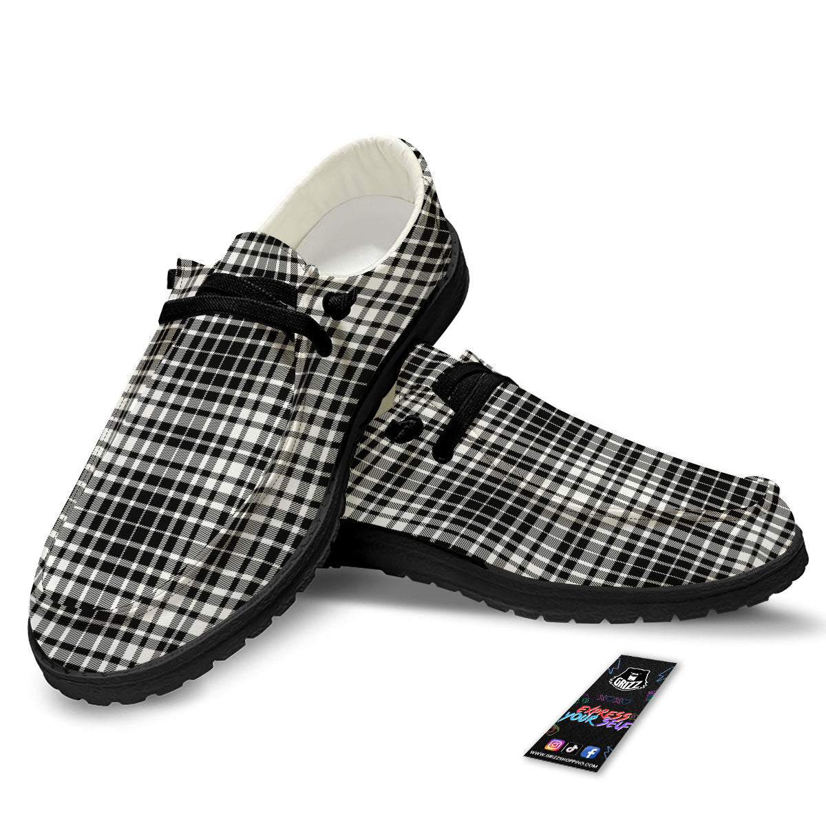 Border Tartan White And Black Print Black Loafers-grizzshop