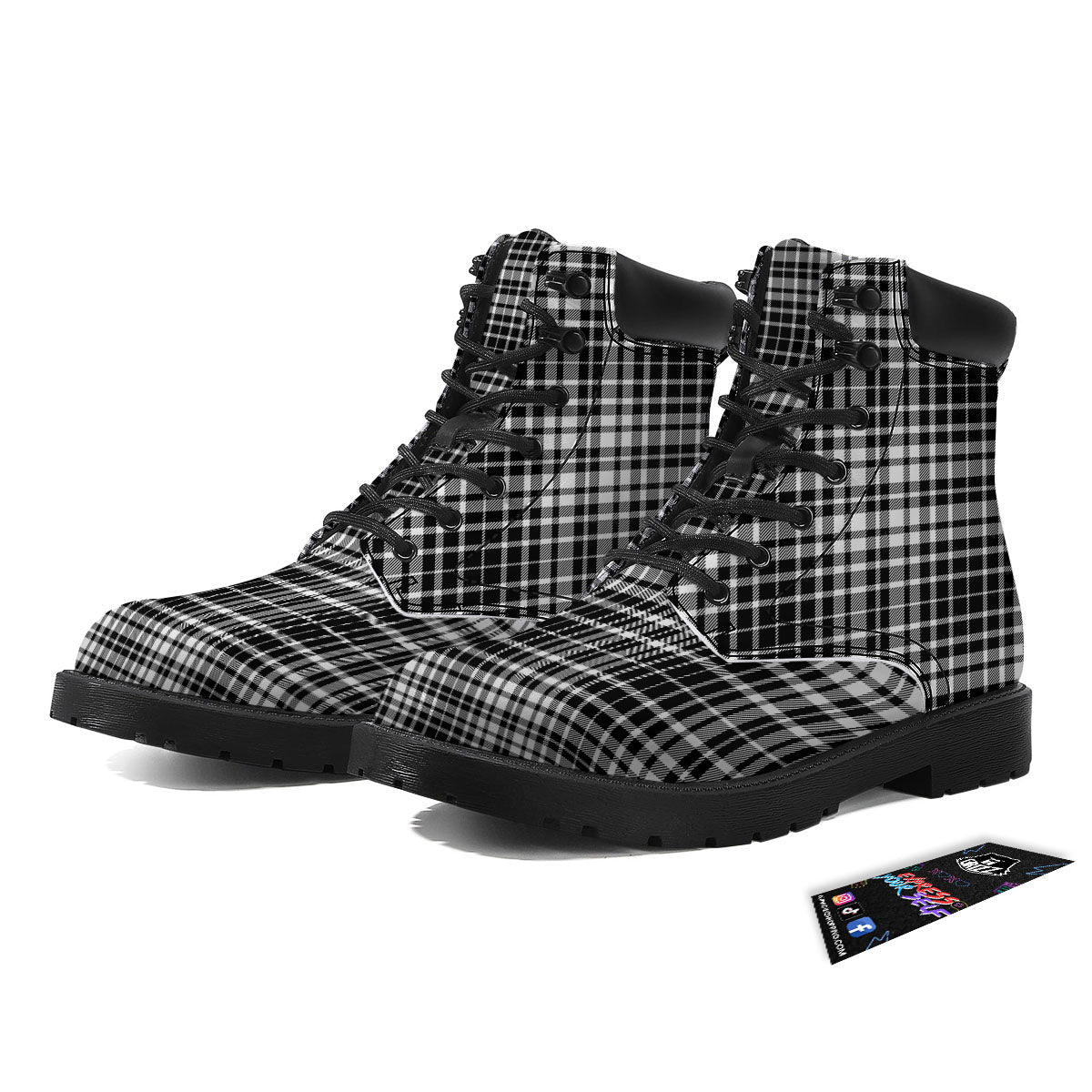 Border Tartan White And Black Print Boots-grizzshop