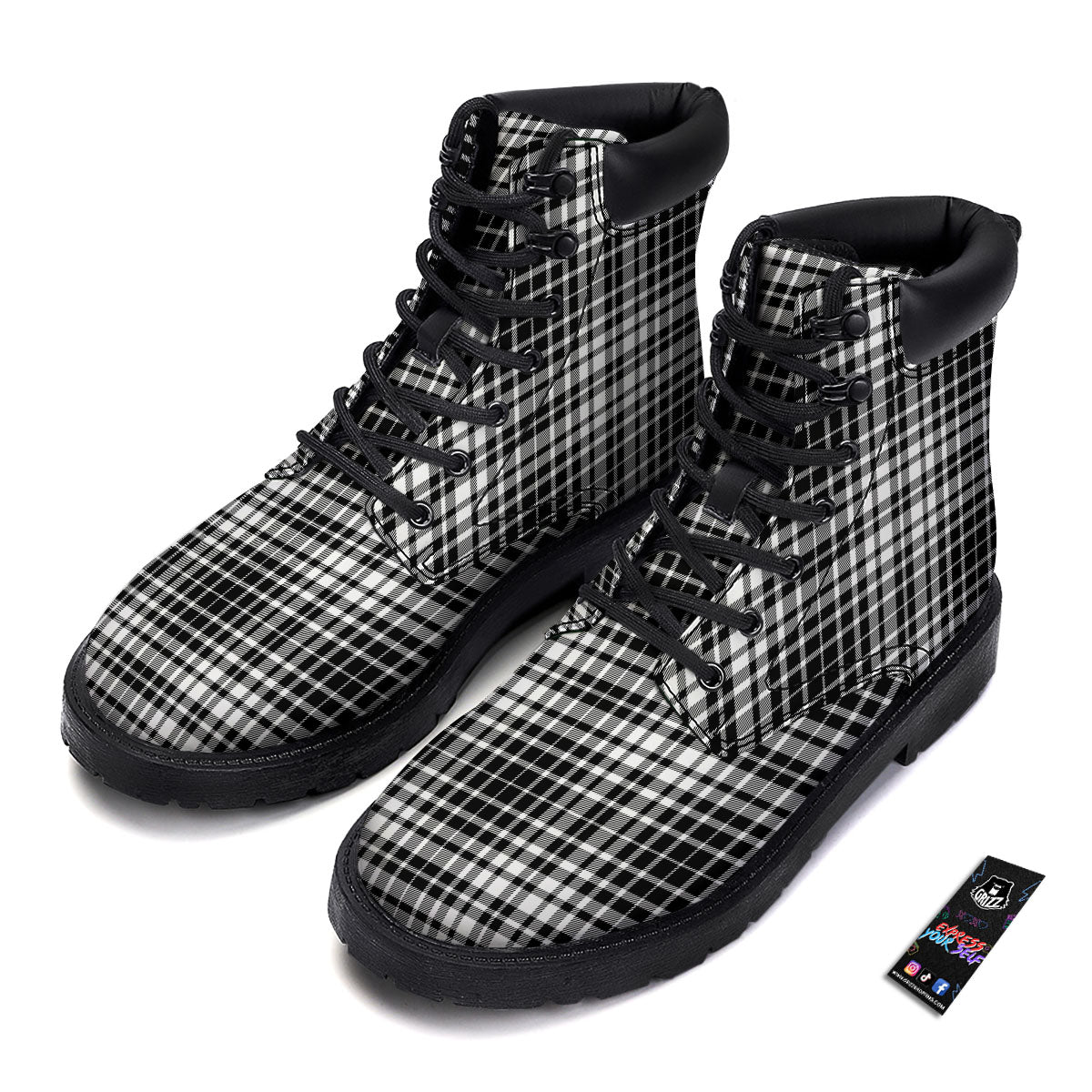 Border Tartan White And Black Print Boots-grizzshop