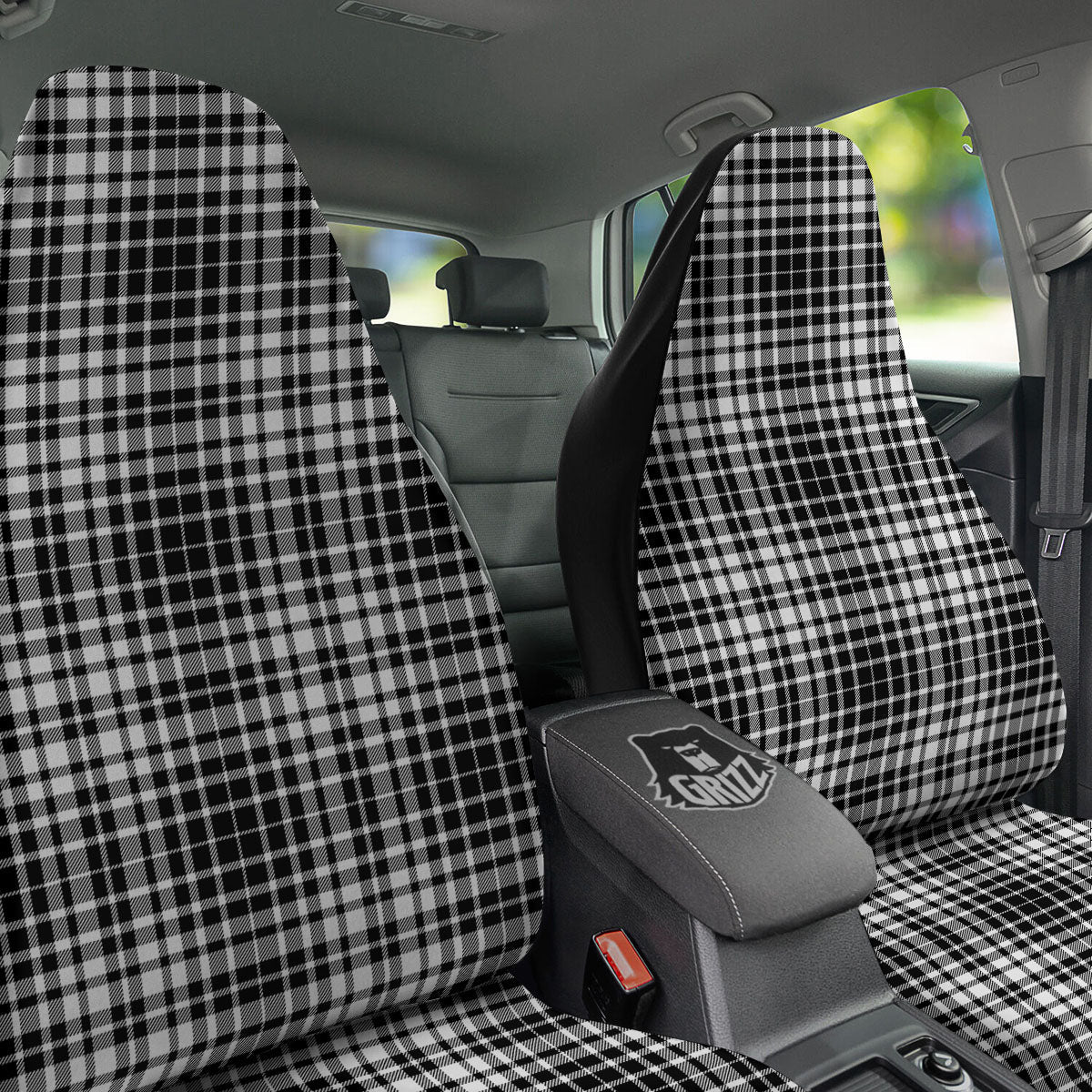 Border Tartan White And Black Print Car Seat Covers-grizzshop