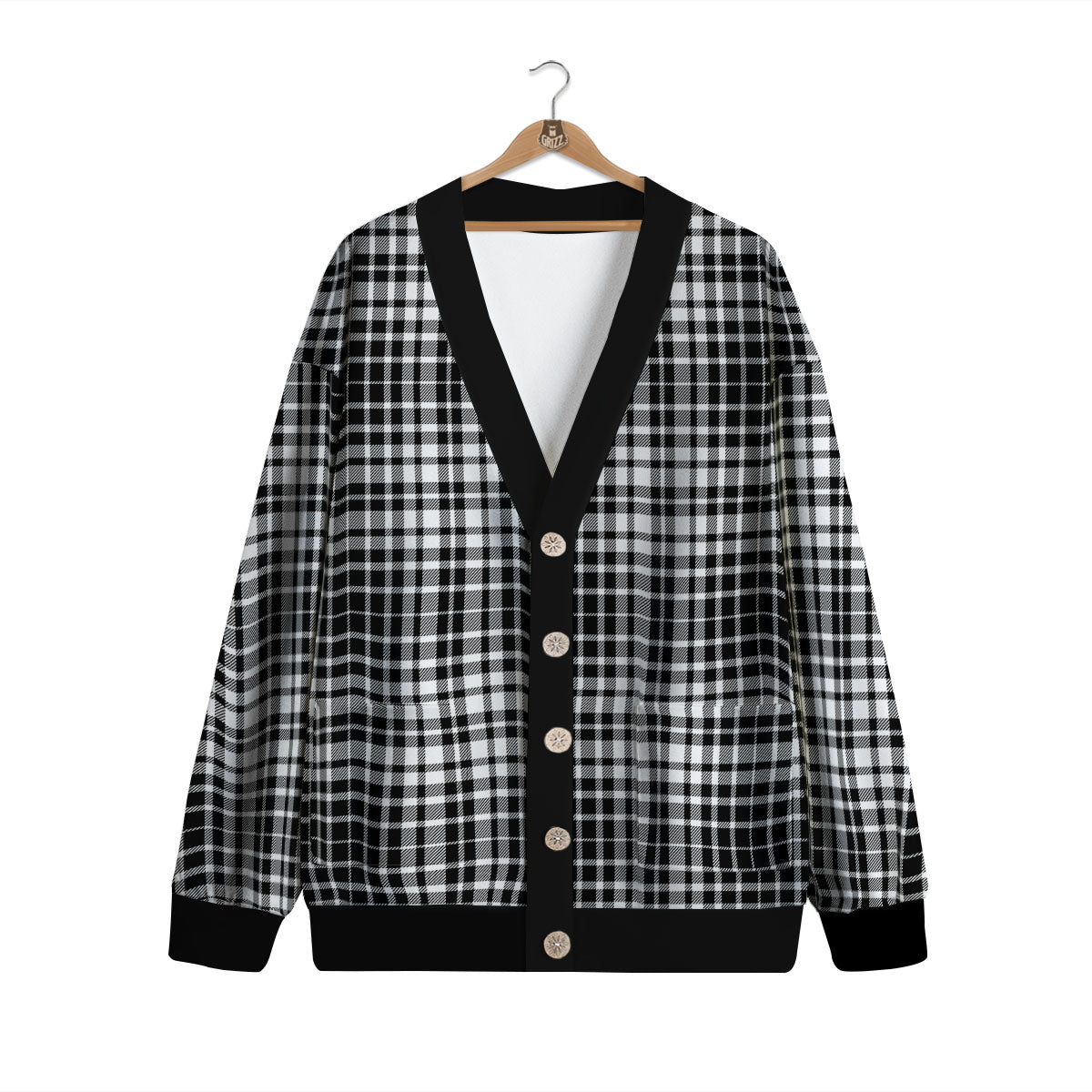 Border Tartan White And Black Print Cardigan-grizzshop