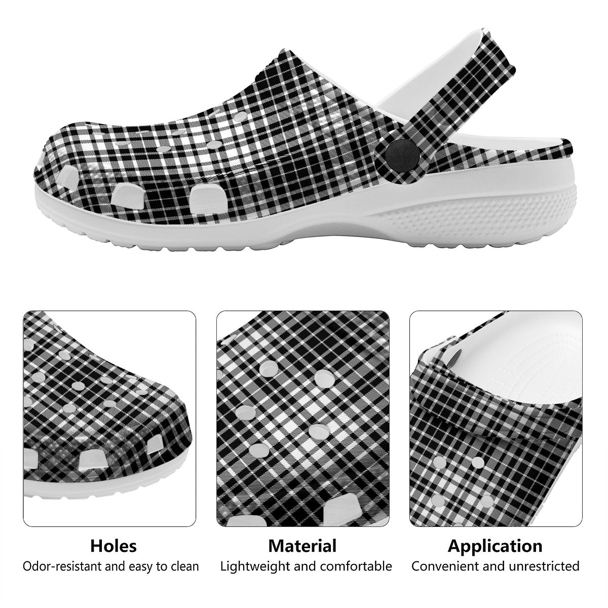 Border Tartan White And Black Print Clog-grizzshop