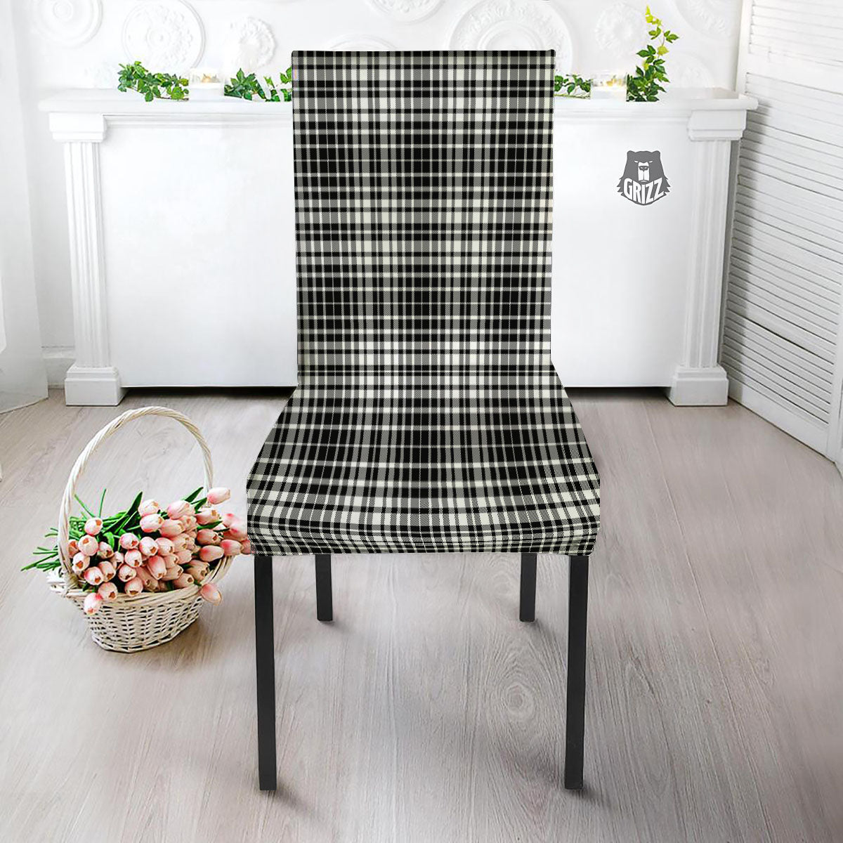 Border Tartan White And Black Print Dining Chair Slipcover-grizzshop