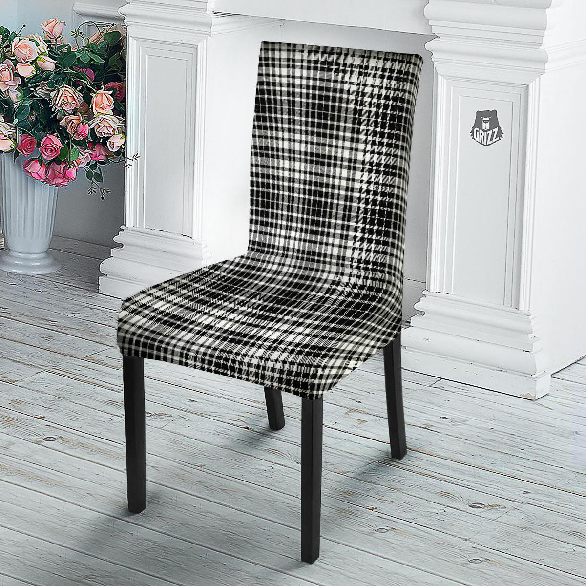 Border Tartan White And Black Print Dining Chair Slipcover-grizzshop