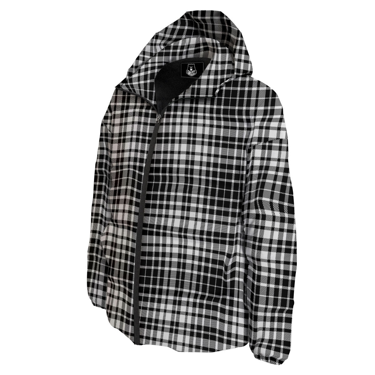 Border Tartan White And Black Print Down Jacket-grizzshop