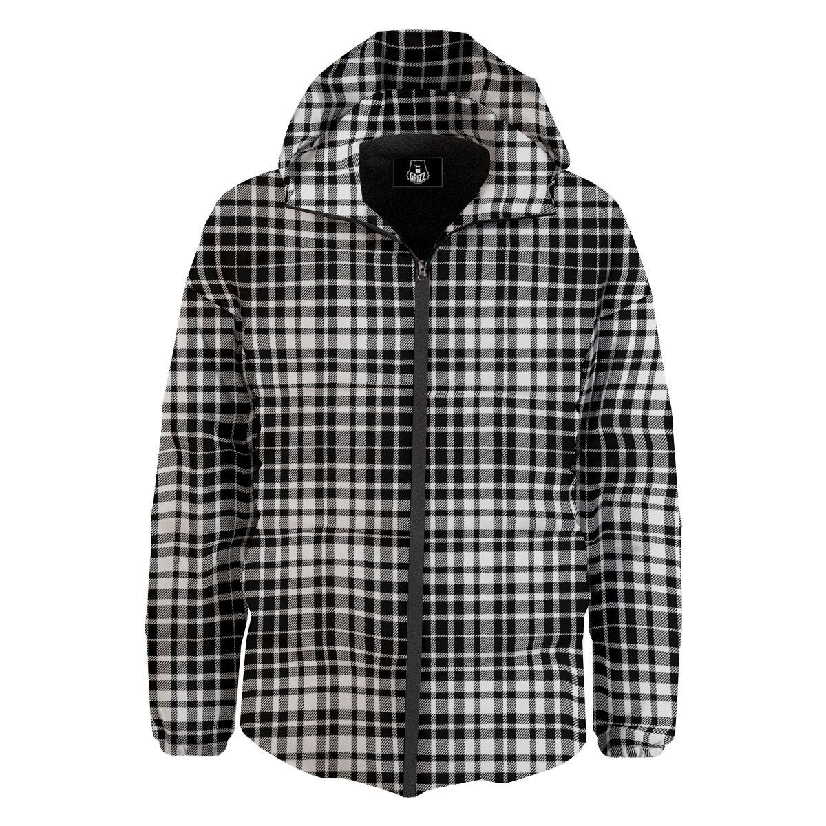 Border Tartan White And Black Print Down Jacket-grizzshop