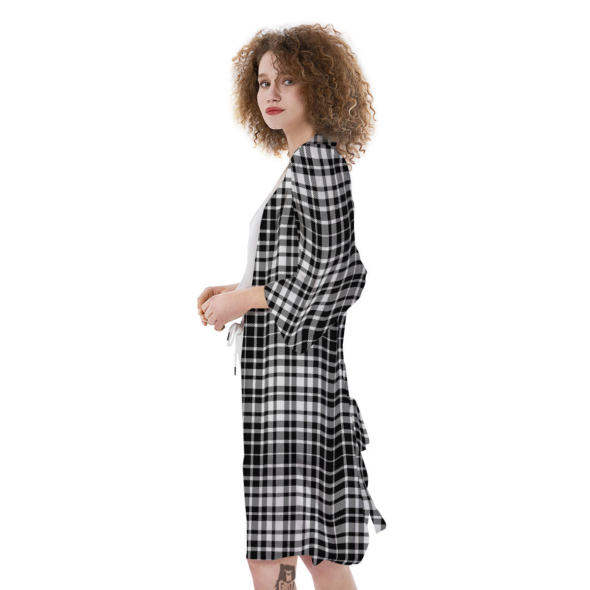 Border Tartan White And Black Print Kimono-grizzshop