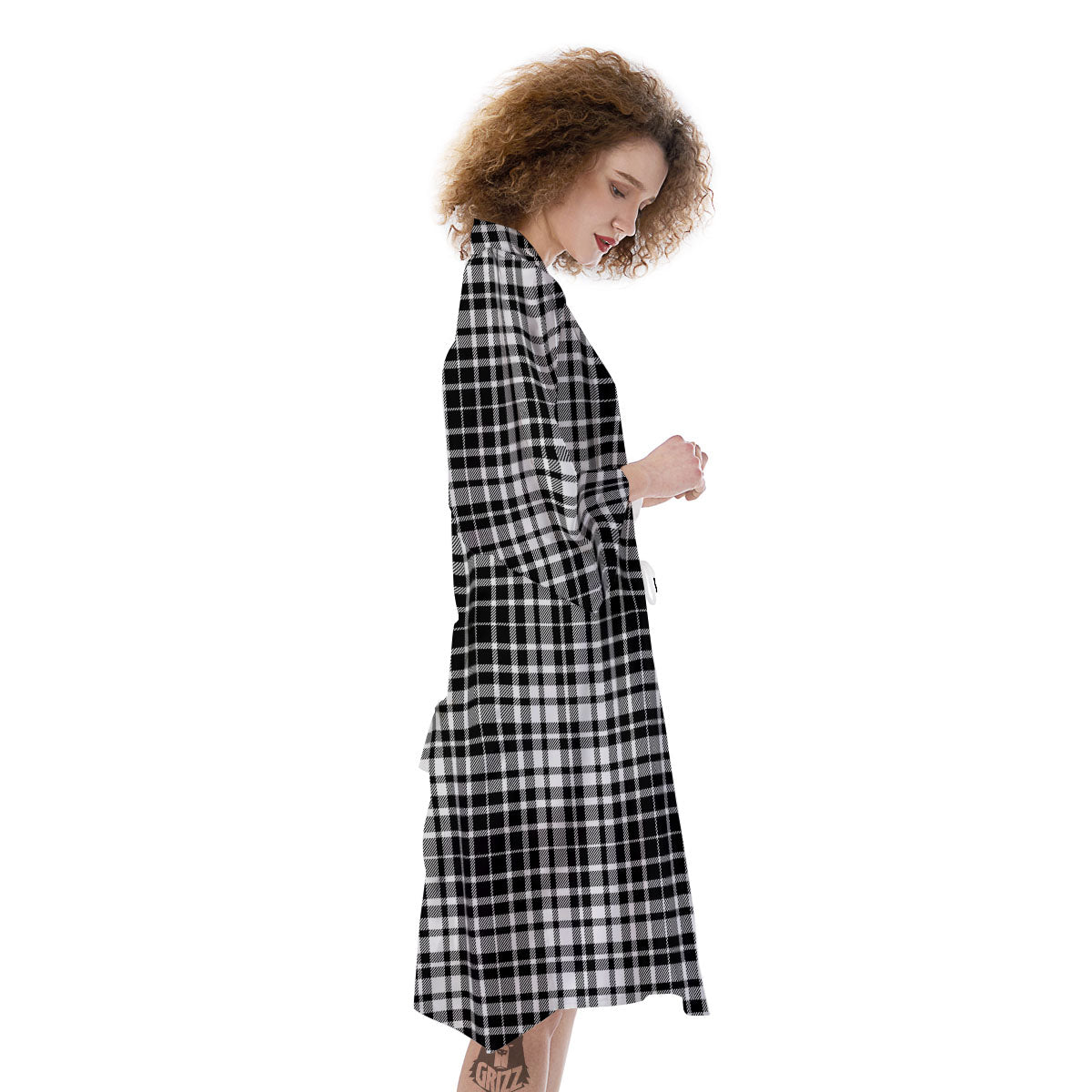Border Tartan White And Black Print Kimono-grizzshop