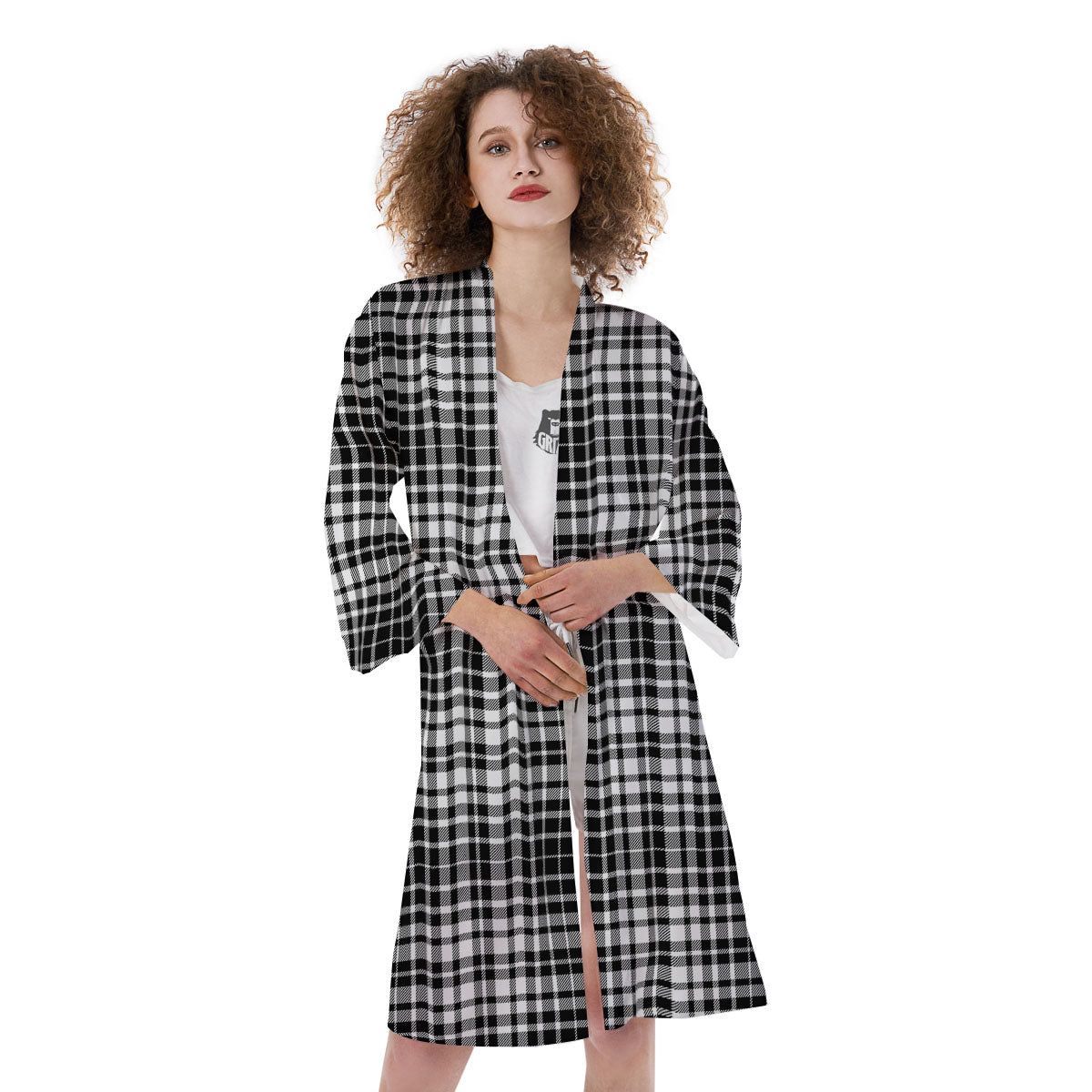 Border Tartan White And Black Print Kimono-grizzshop
