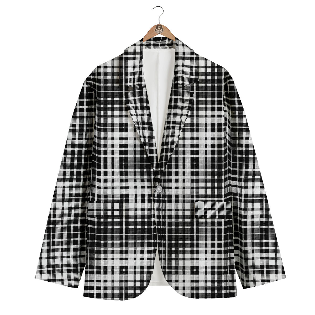 Border Tartan White And Black Print Men's Blazer-grizzshop