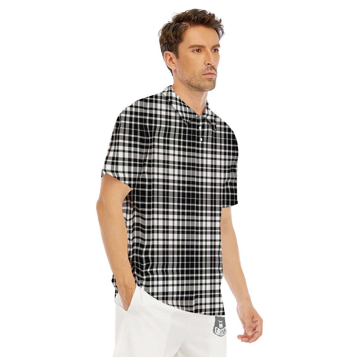Border Tartan White And Black Print Men's Golf Shirts-grizzshop