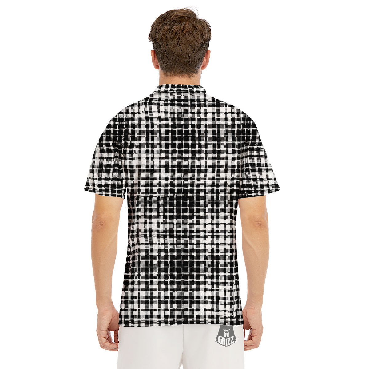 Border Tartan White And Black Print Men's Golf Shirts-grizzshop
