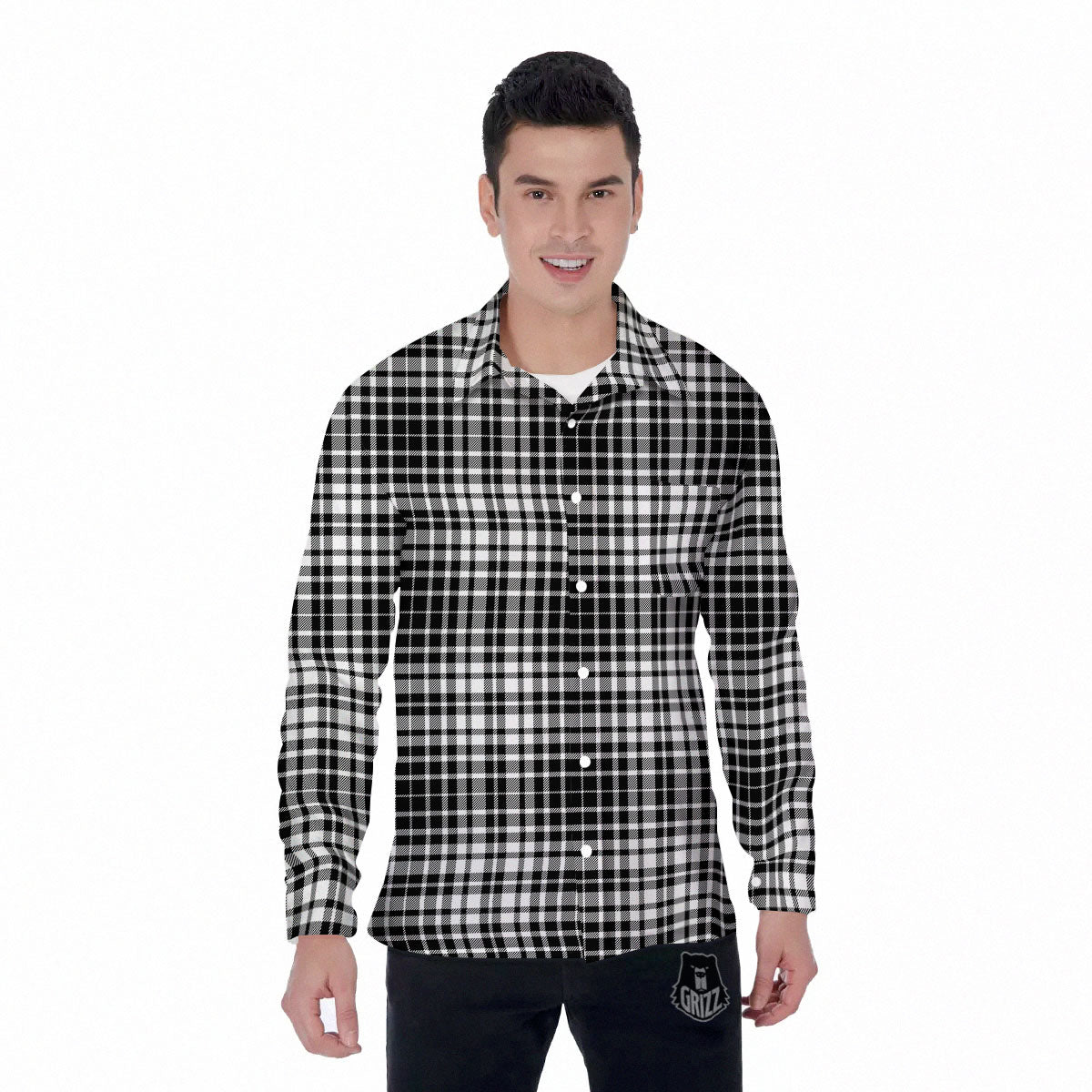 Border Tartan White And Black Print Men's Long Sleeve Shirts-grizzshop