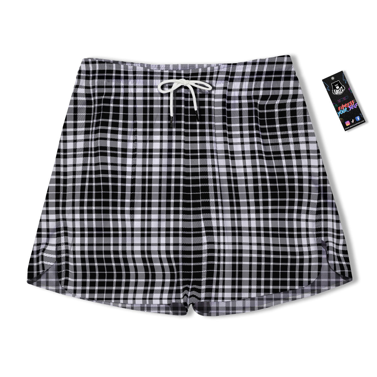 Border Tartan White And Black Print Men's Running Shorts-grizzshop