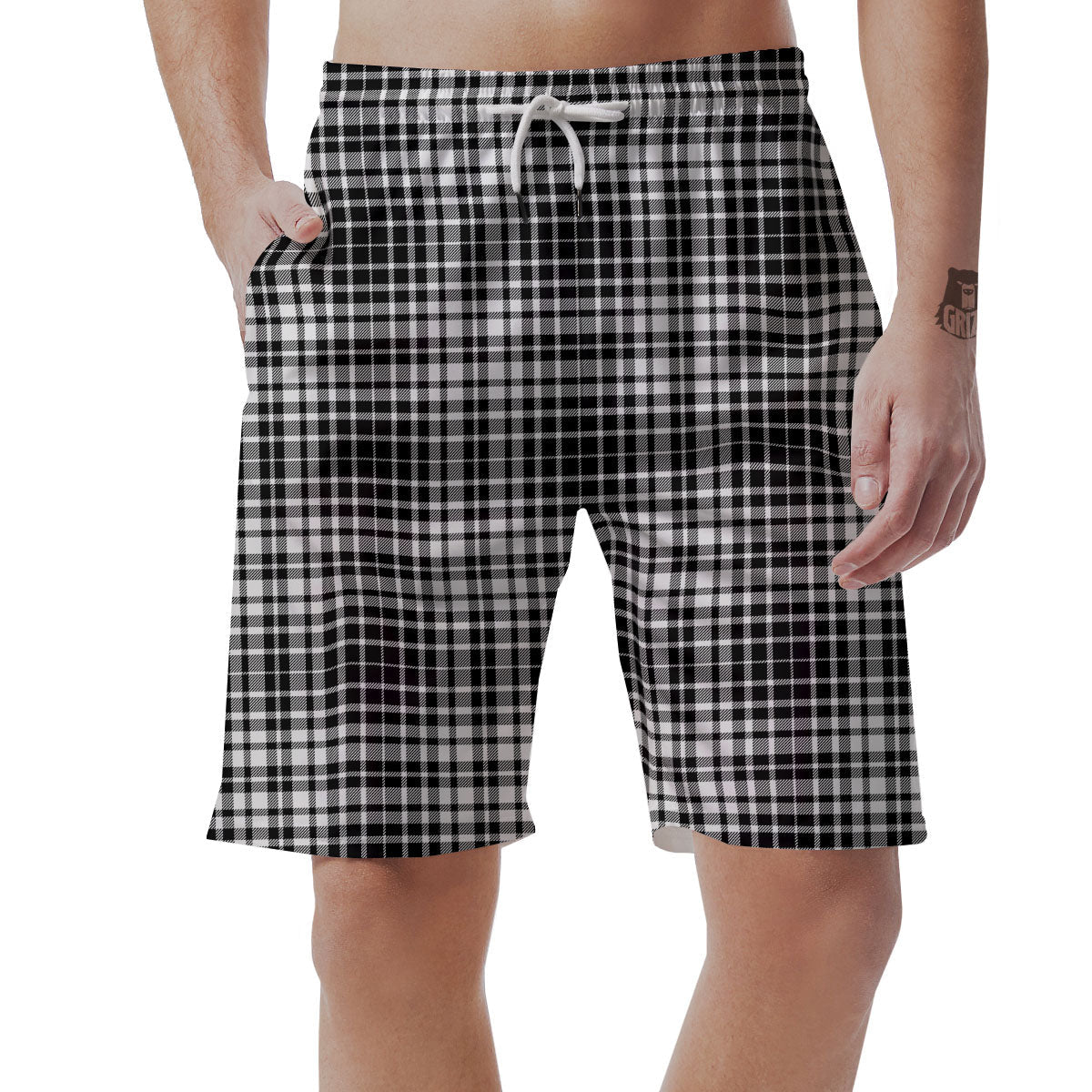 Border Tartan White And Black Print Men's Shorts-grizzshop