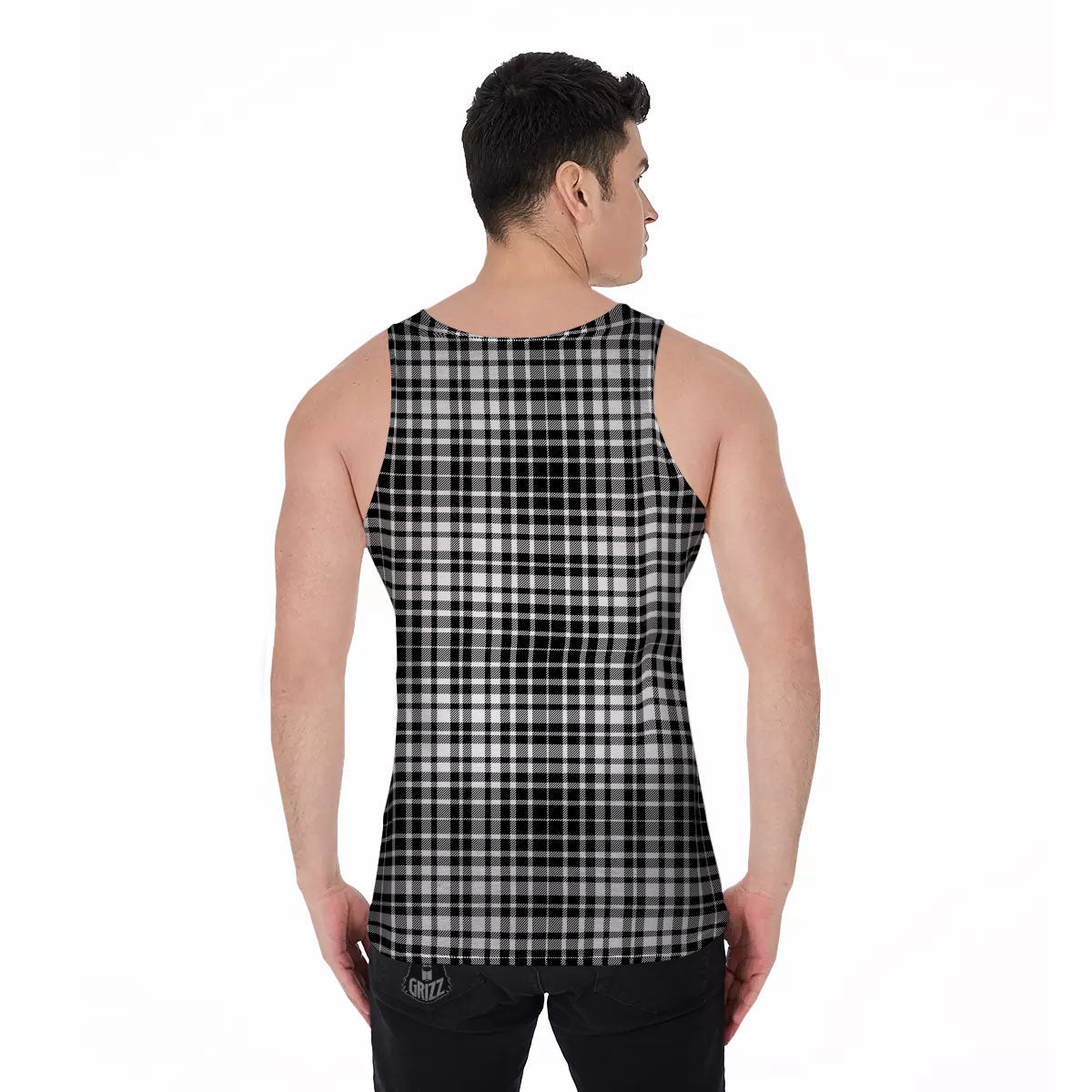 Border Tartan White And Black Print Men's Tank Top-grizzshop