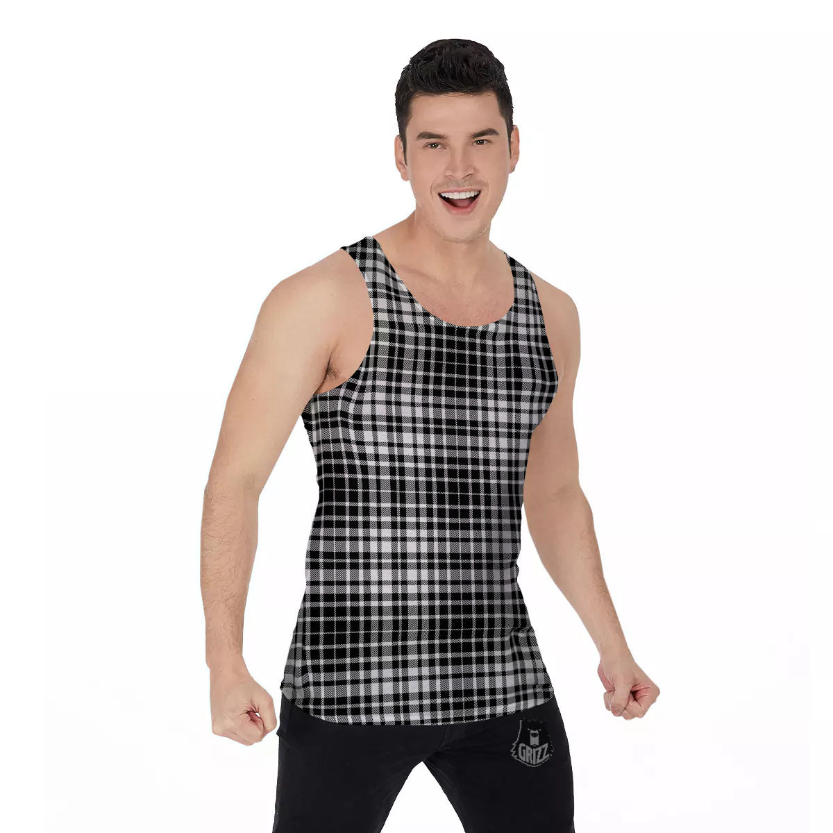Border Tartan White And Black Print Men's Tank Top-grizzshop