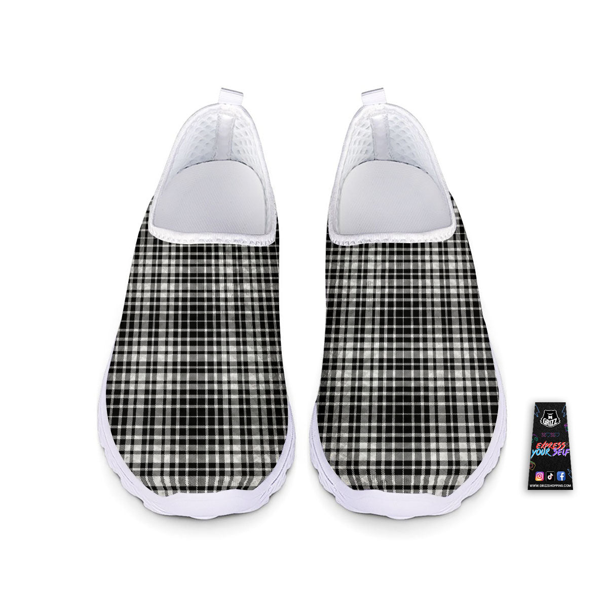 Border Tartan White And Black Print Nurse Shoes-grizzshop