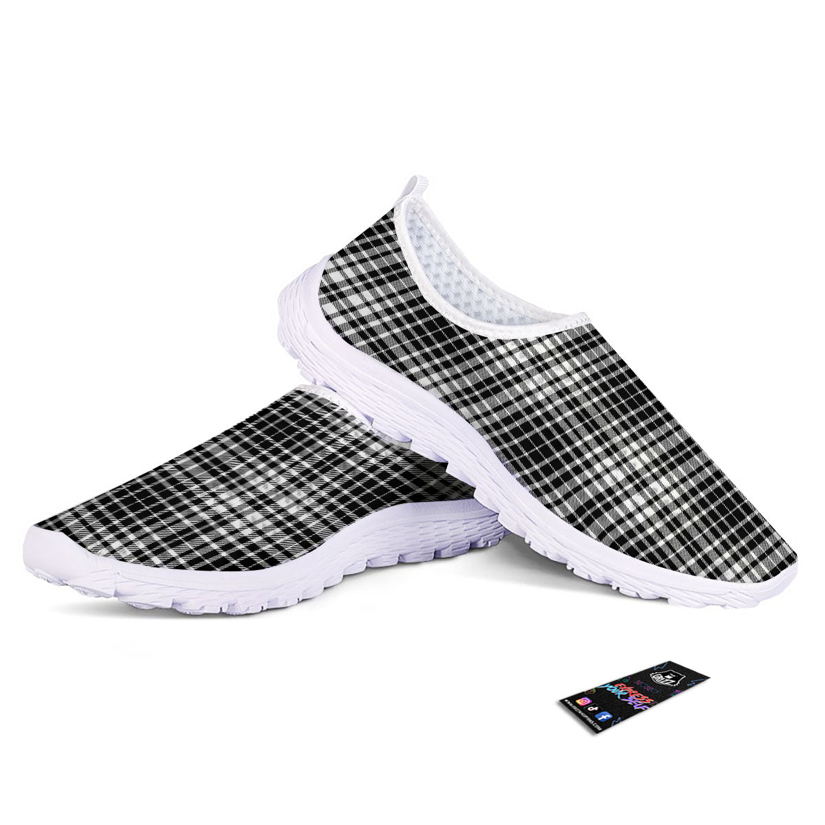 Border Tartan White And Black Print Nurse Shoes-grizzshop