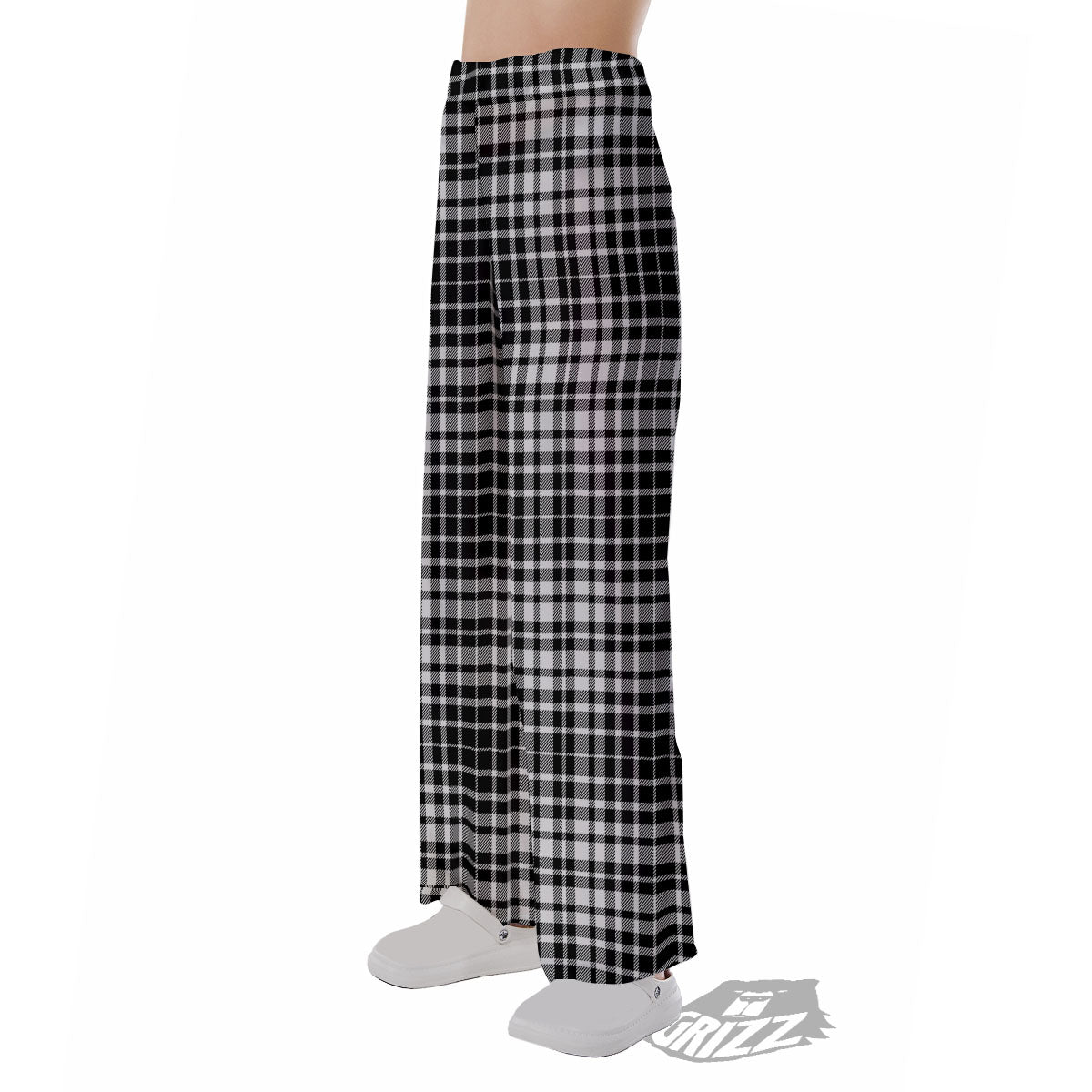 Border Tartan White And Black Print Pajama Pants-grizzshop