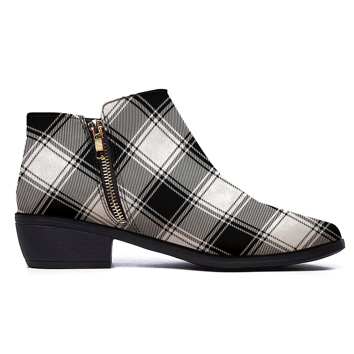 Border Tartan White And Black Print Pattern Ankle Boots-grizzshop