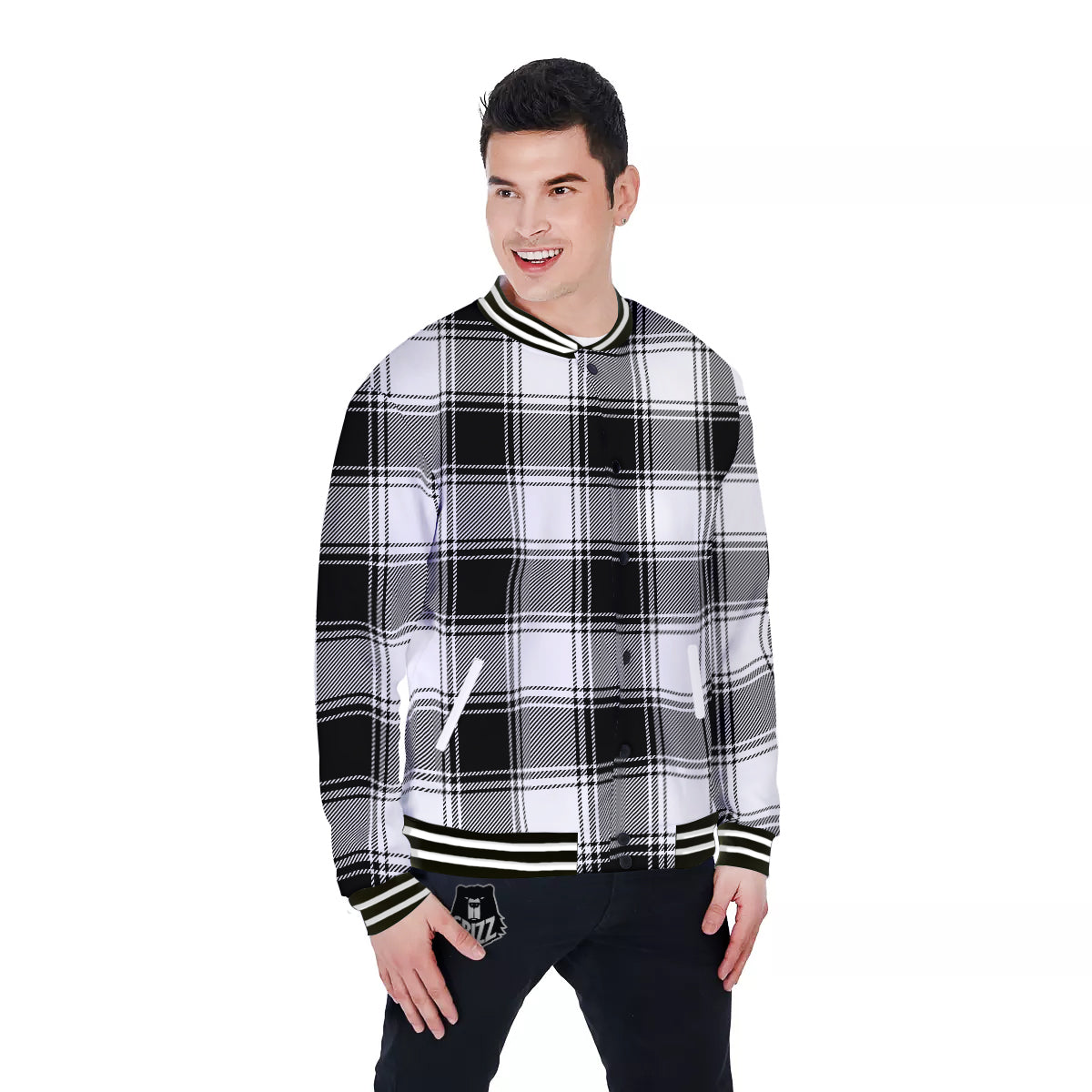 Border Tartan White And Black Print Pattern Baseball Jacket-grizzshop