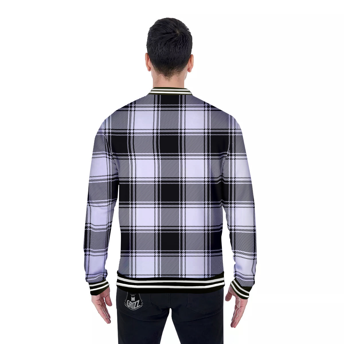 Border Tartan White And Black Print Pattern Baseball Jacket-grizzshop