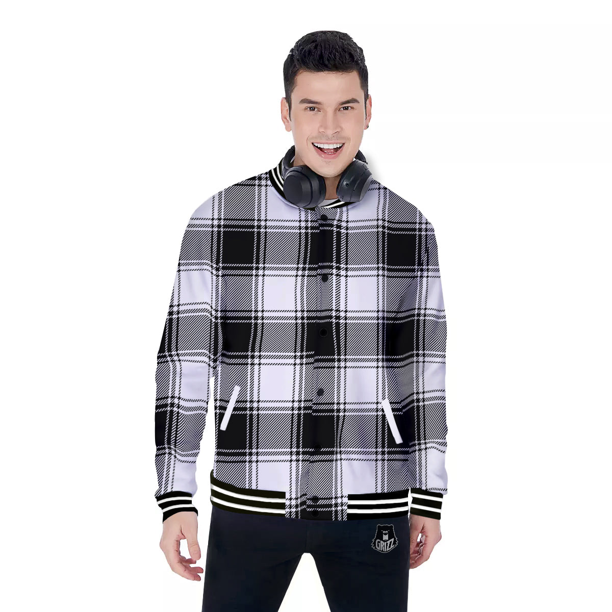 Border Tartan White And Black Print Pattern Baseball Jacket-grizzshop
