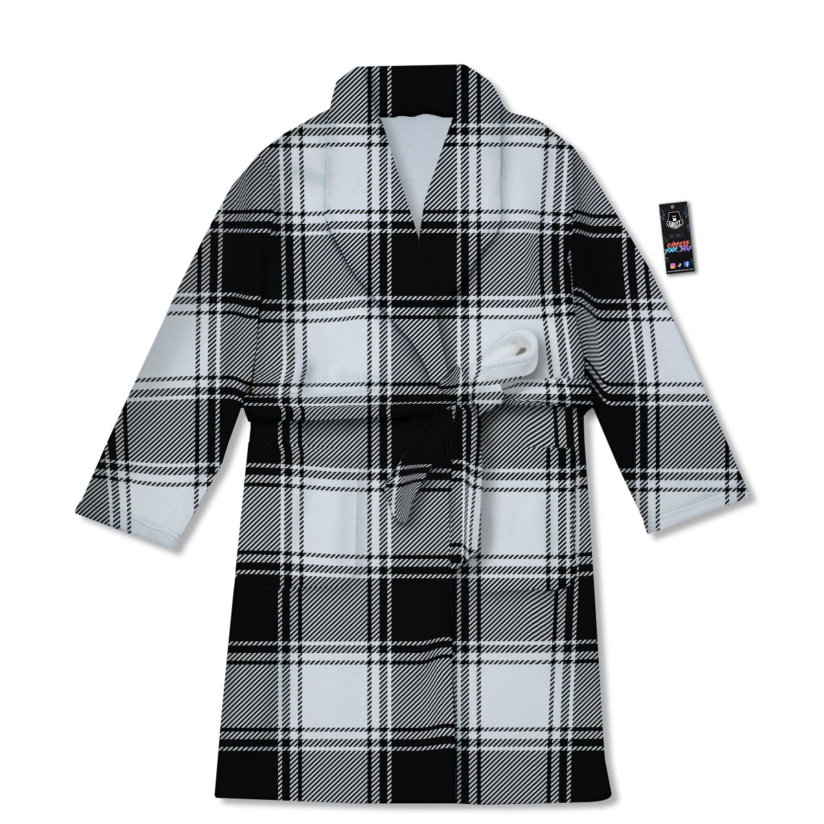 Border Tartan White And Black Print Pattern Bathrobe-grizzshop