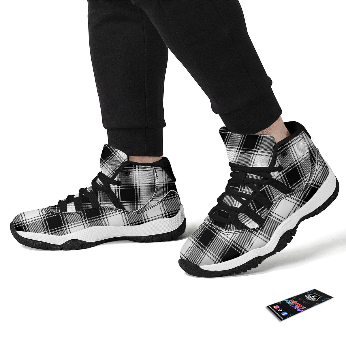 Border Tartan White And Black Print Pattern Black Bball Shoes-grizzshop