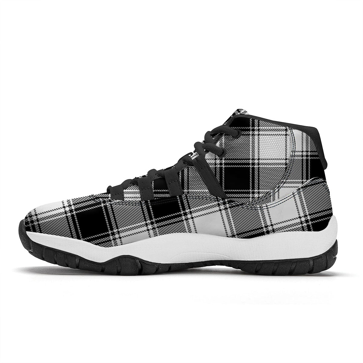 Border Tartan White And Black Print Pattern Black Bball Shoes-grizzshop
