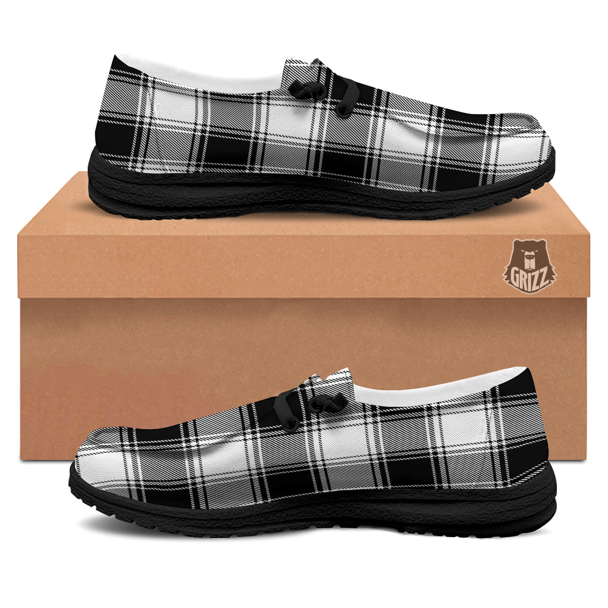 Border Tartan White And Black Print Pattern Black Loafers-grizzshop
