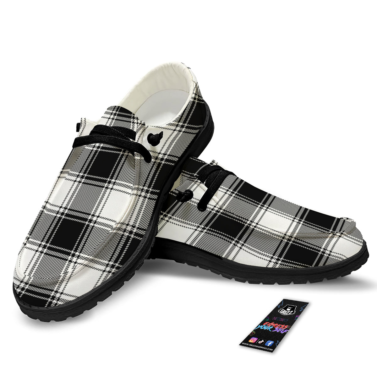 Border Tartan White And Black Print Pattern Black Loafers-grizzshop