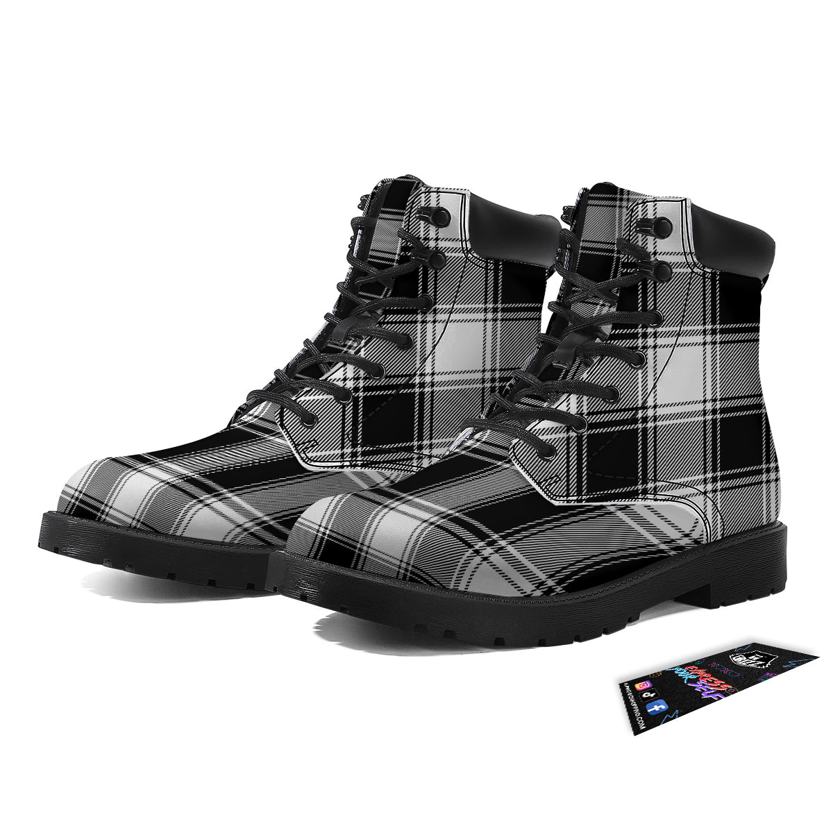 Border Tartan White And Black Print Pattern Boots-grizzshop