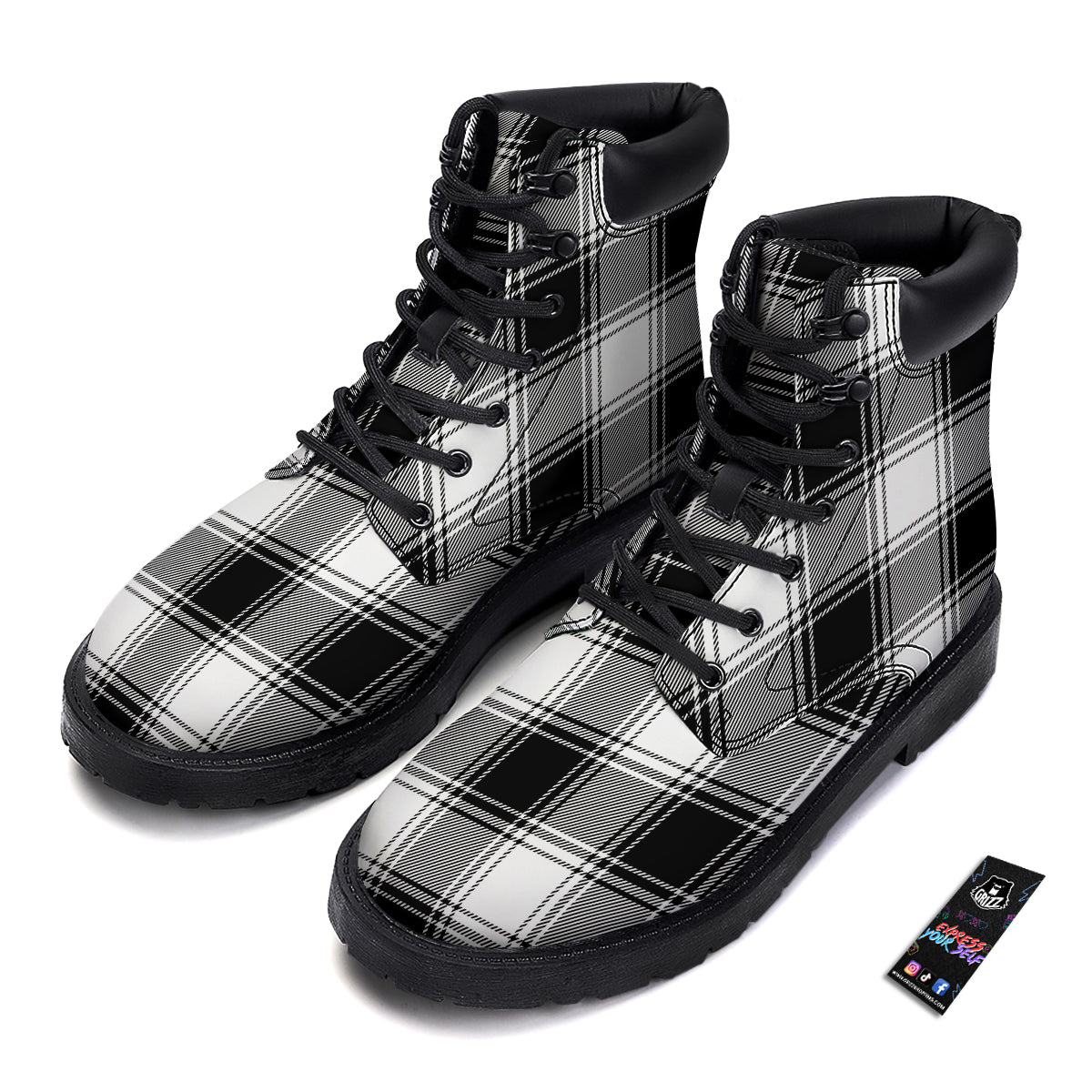 Border Tartan White And Black Print Pattern Boots-grizzshop