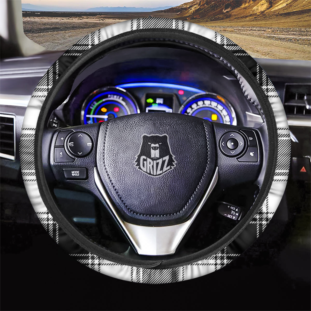 Border Tartan White And Black Print Pattern Car Steering Wheel Cover-grizzshop